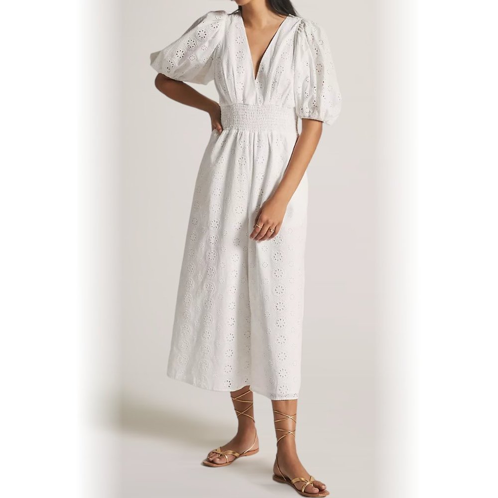 Anthropologie Hutch Smocked-Waist Eyelet Jumpsuit White - Small